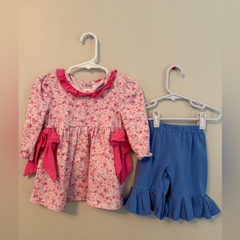 Stitchy Fish Floral Pink Dress and Blue Ruffle Pants Set